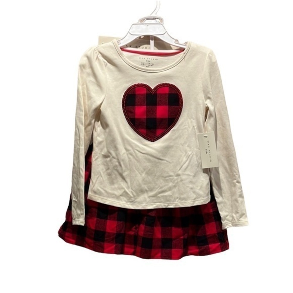 New Max Studio Girl’s Buffalo Plaid Check Heart 3 piece outfit NWT